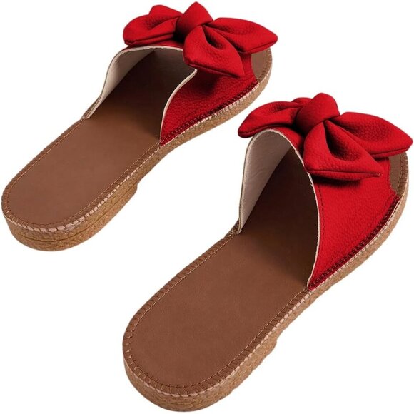 Women's Bow Red Knot Open Toe Leather Flat Slides Slippers Shoes - Picture 2 of 6